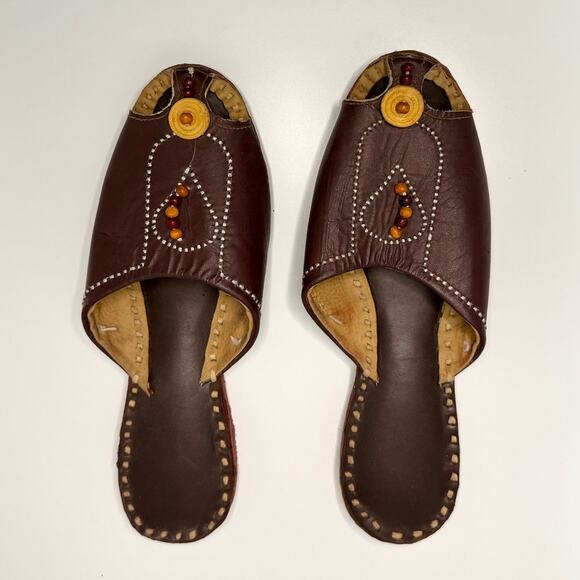 Women's Size 7 Brown Indian Mule Beaded Shoes - Picture 1 of 8